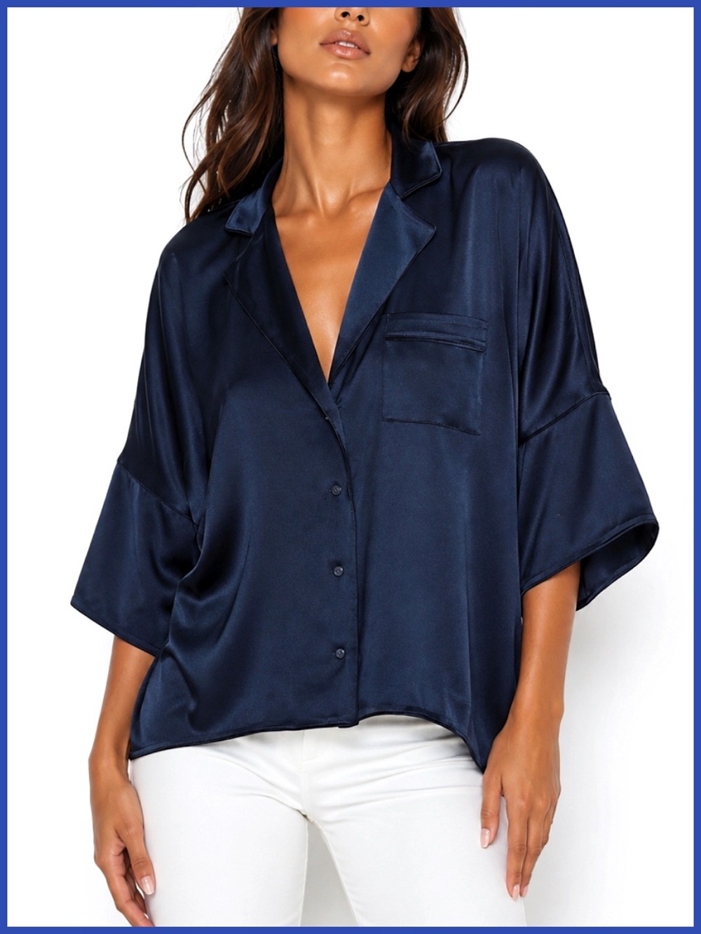 Joie Navy Blue Desmonda Oversized Satin Button Down Top